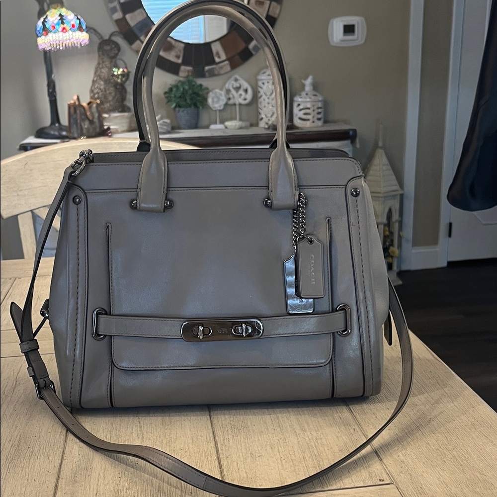 Coach Gray Leather Satchel with Turnlock Strap and Top Handles